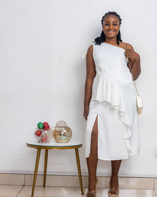 One Shoulder Split Front Ruffle White Maternity Dress