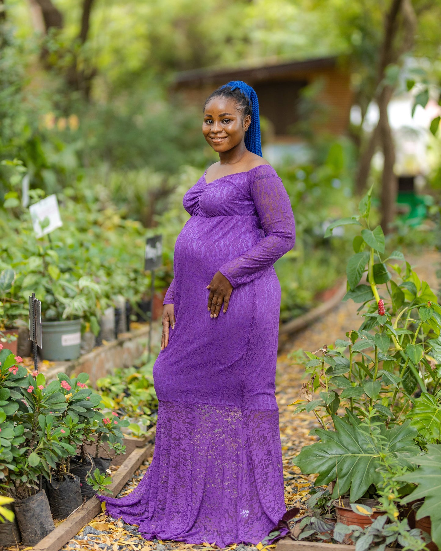 Off shoulder long sleeve flair hem maternity shoot gown