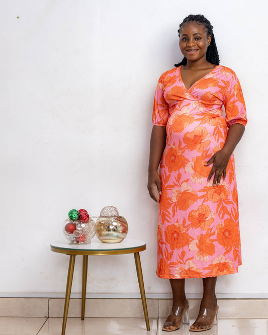 Red Floral V-Neck A line Maternity Dress