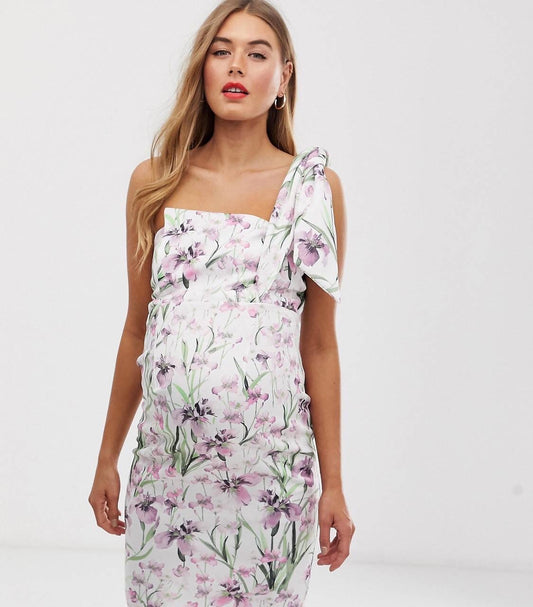 Tie One Shoulder Pink Floral Maternity Dress