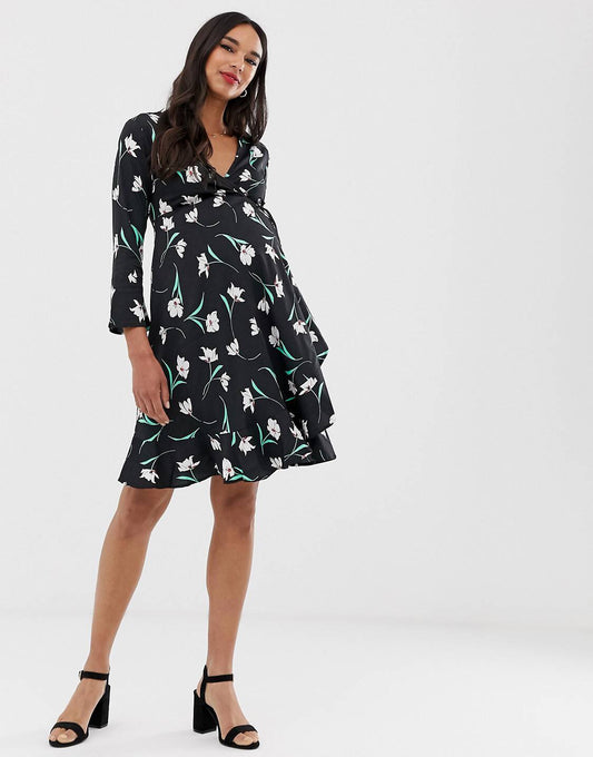 V neck Black Floral Skater Maternity Dress