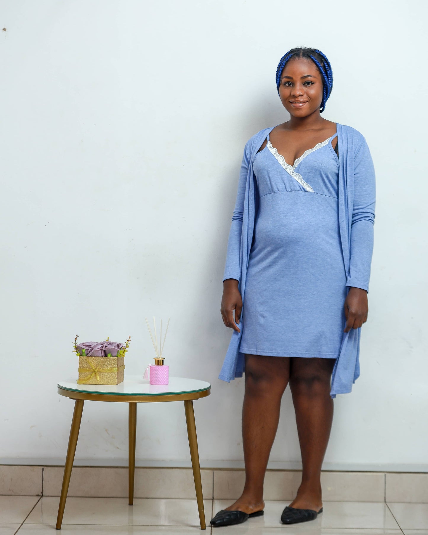 Belted Maternity/Nursing Nightgown and Robe Set blue