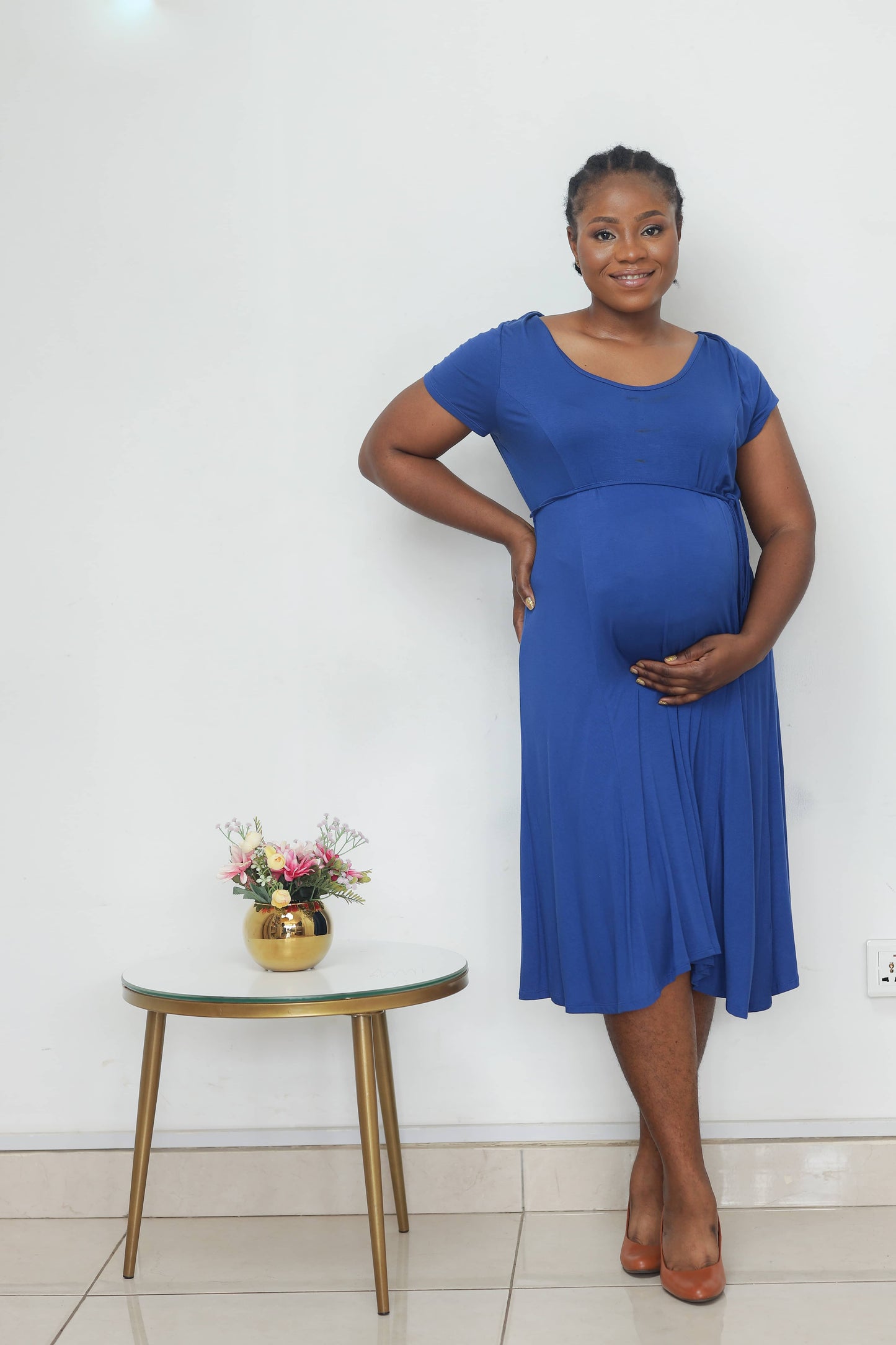 Blue Belted Maternity T-Shirt Dress