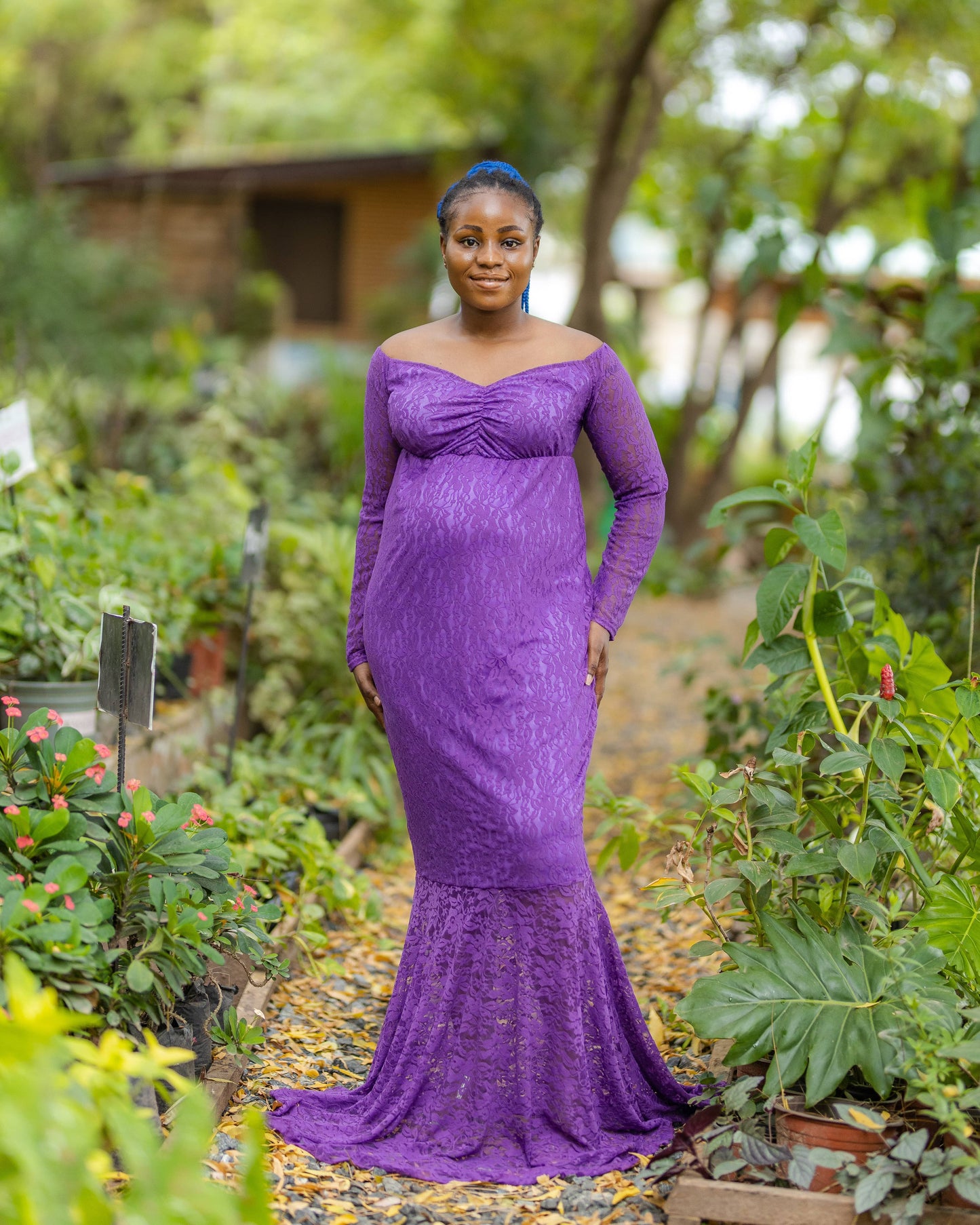 Off shoulder long sleeve flair hem maternity shoot gown