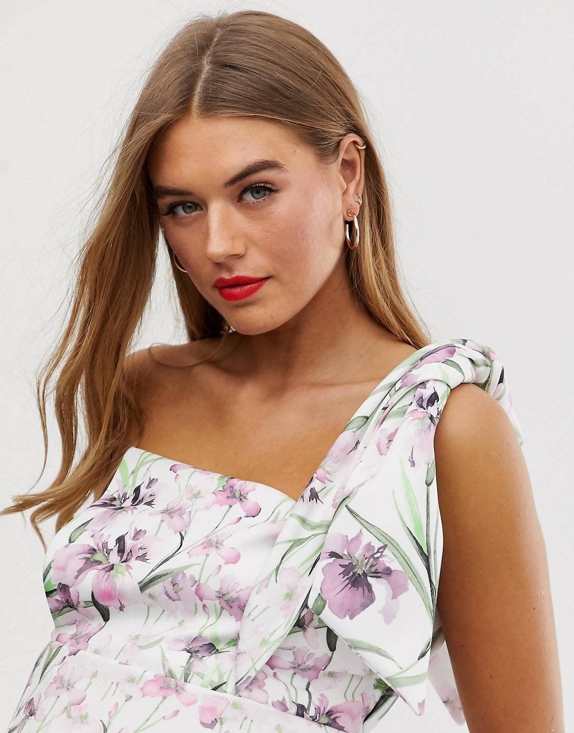 Tie One Shoulder Pink Floral Maternity Dress