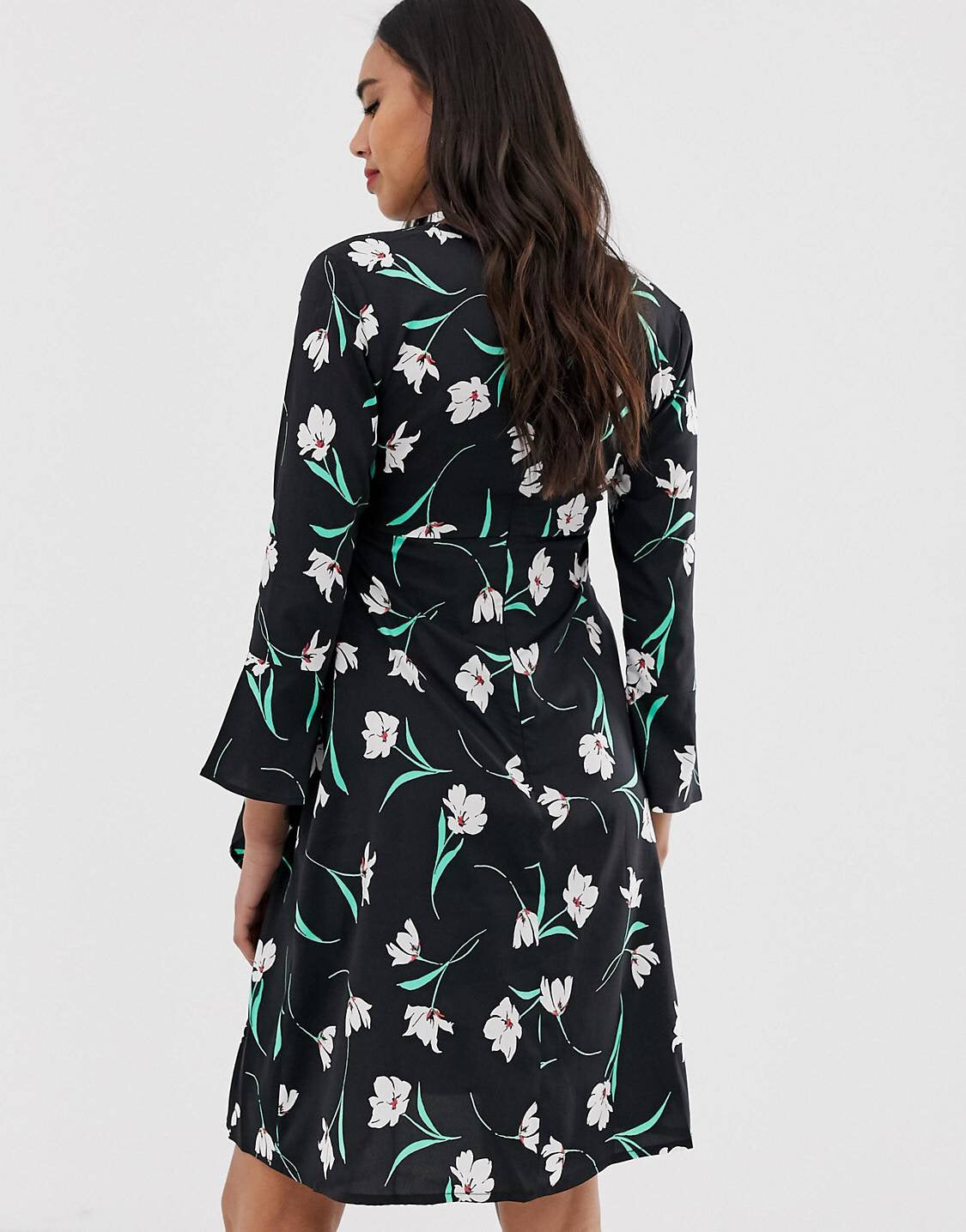 V neck Black Floral Skater Maternity Dress