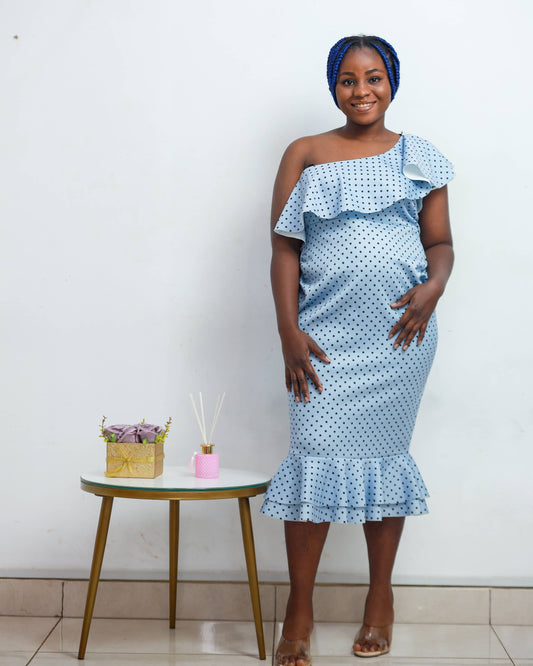 One Shoulder Polka Dot Pep Hem Maternity Dress